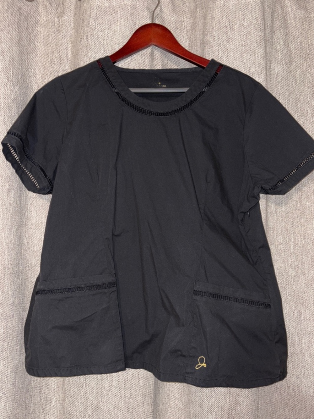 Jaanuu women’s Black Short Sleeve Scrub Top with ladder lace trim J96019